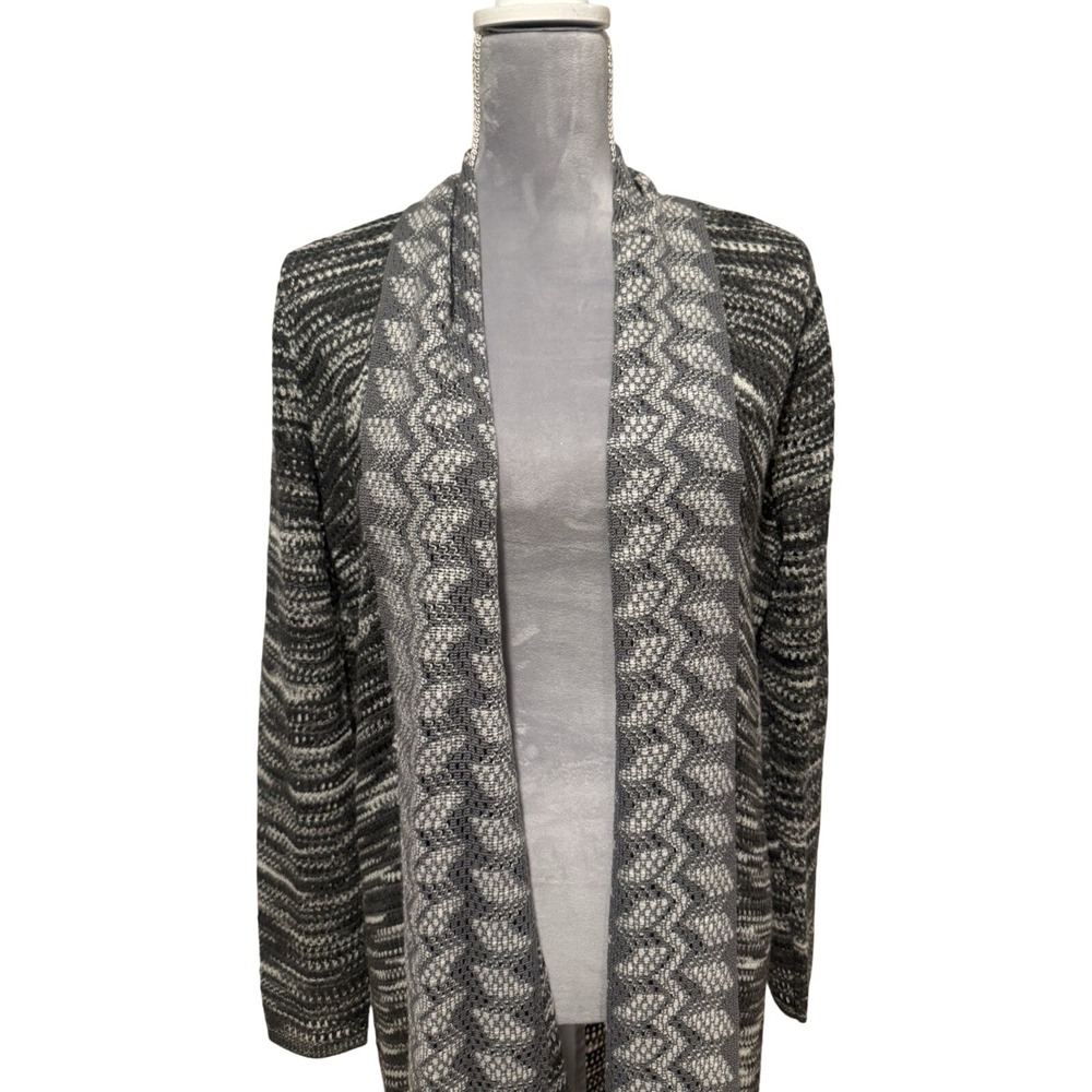 Chico's Sz M Open Knit Cardigan Sweater Open Front Gray‎ Green White Lagenlook